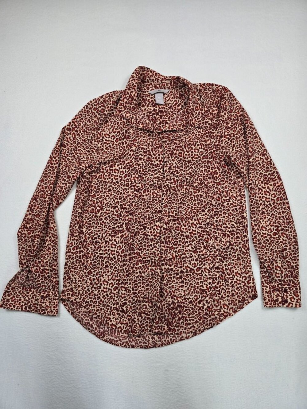 H&M Womens 2 Leopard Print Button-Up Shirt Red & Beige Long Sleeve Collared